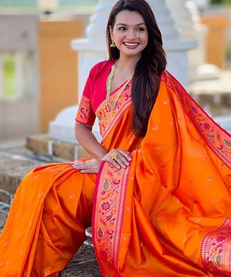 Orange elegant art silk woven saree with rich zari border 5