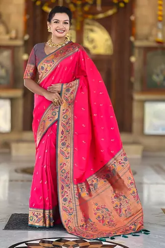 Pink elegant art silk woven saree with rich zari border