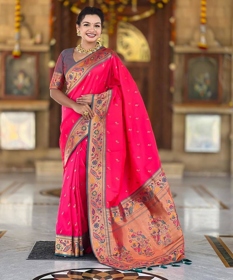 Pink elegant art silk woven saree with rich zari border