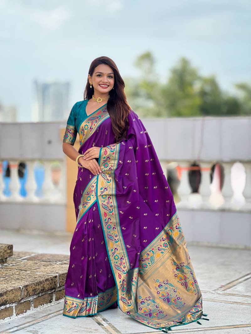 Violet elegant art silk woven saree with rich zari border