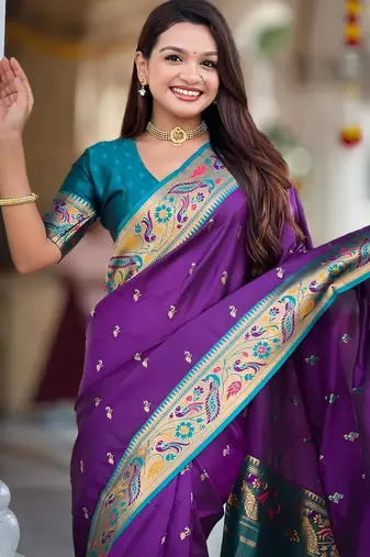 Violet elegant art silk woven saree with rich zari border
