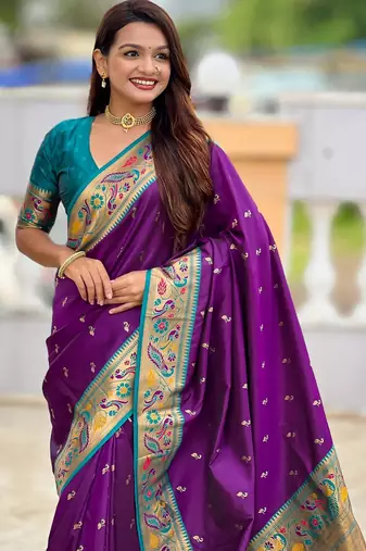 Violet elegant art silk woven saree with rich zari border