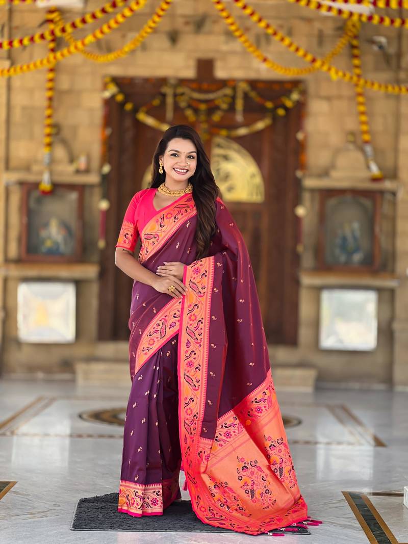 Wine elegant art silk woven saree with rich zari border