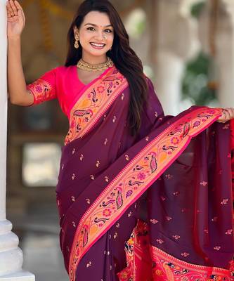 Wine elegant art silk woven saree with rich zari border 3