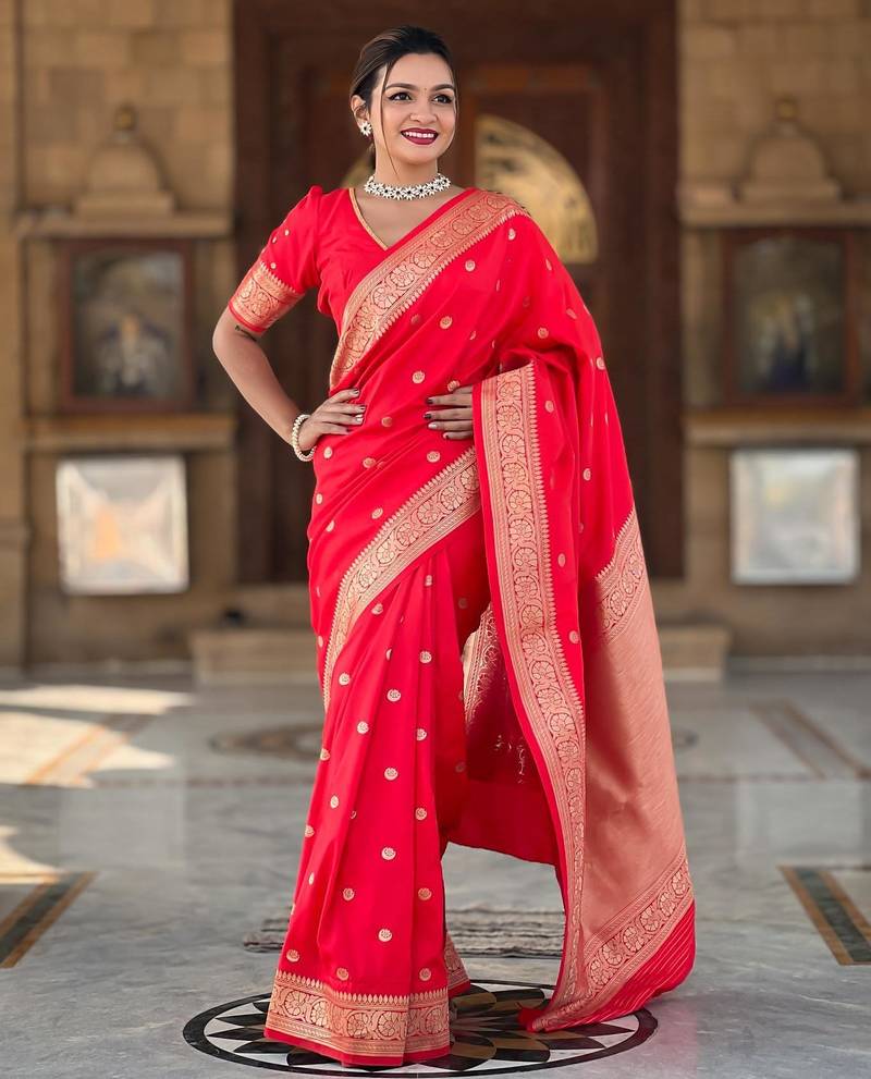 Red elegant art silk woven saree with rich zari border