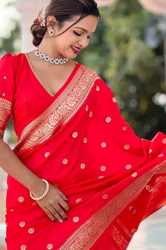 Red elegant art silk woven saree with rich zari border