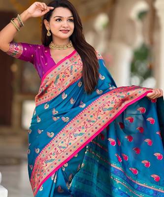 Turquoise elegant art silk woven saree with rich zari border 3