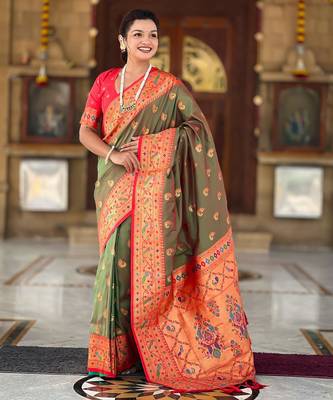 Mehendi elegant art silk woven saree with rich zari border 1