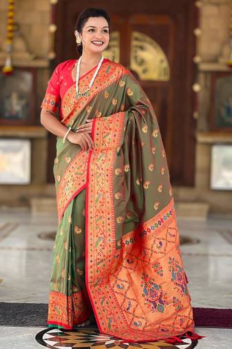Mehendi elegant art silk woven saree with rich zari border