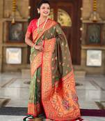 Mehendi elegant art silk woven saree with rich zari border