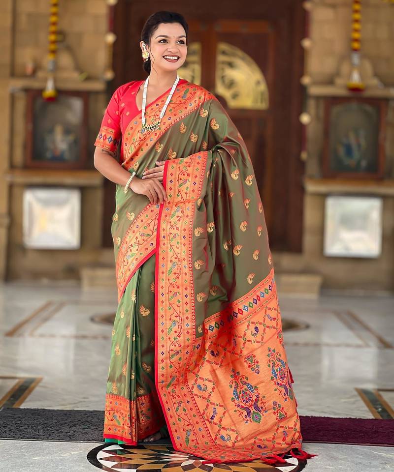 Mehendi elegant art silk woven saree with rich zari border