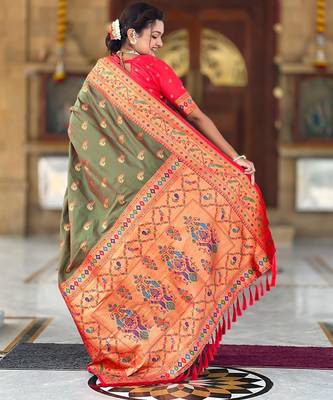 Mehendi elegant art silk woven saree with rich zari border 2