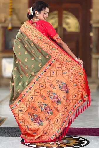 Mehendi elegant art silk woven saree with rich zari border