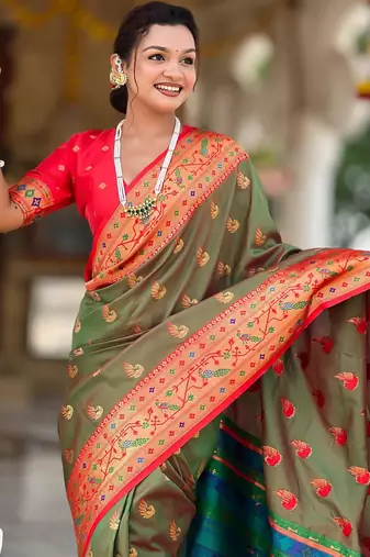 Mehendi elegant art silk woven saree with rich zari border