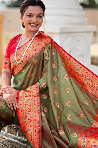 Mehendi elegant art silk woven saree with rich zari border