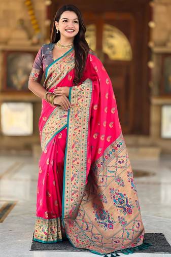 Pink elegant art silk woven saree with rich zari border
