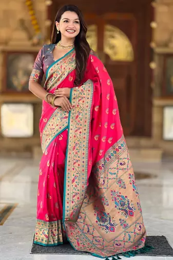 Pink elegant art silk woven saree with rich zari border