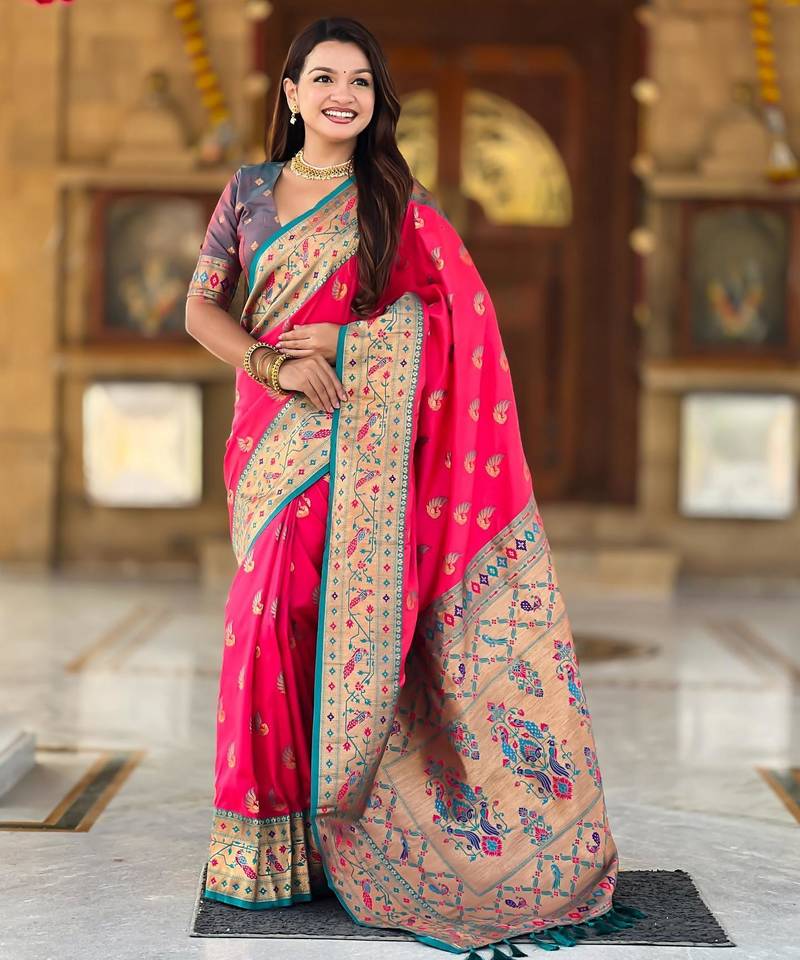 Pink elegant art silk woven saree with rich zari border