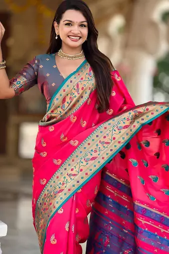 Pink elegant art silk woven saree with rich zari border