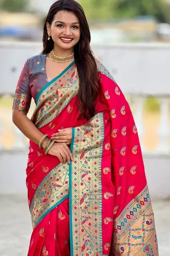 Pink elegant art silk woven saree with rich zari border