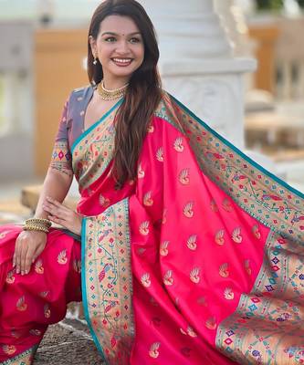Pink elegant art silk woven saree with rich zari border 5