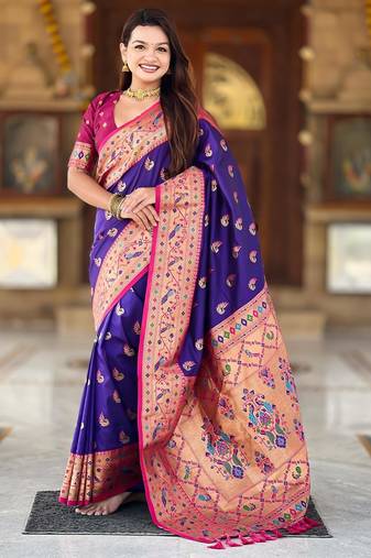 Violet elegant art silk woven saree with rich zari border