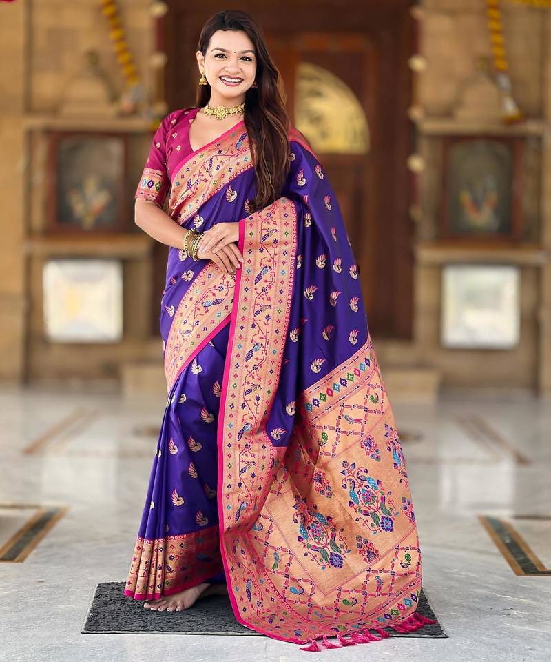 Violet elegant art silk woven saree with rich zari border