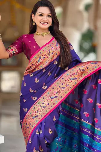 Violet elegant art silk woven saree with rich zari border