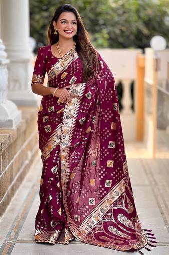 Maroon elegant art silk woven saree with rich zari border