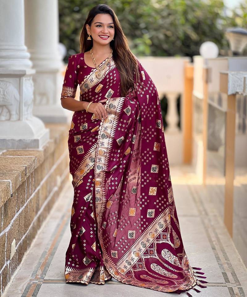 Maroon elegant art silk woven saree with rich zari border