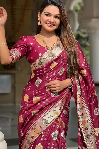Maroon elegant art silk woven saree with rich zari border