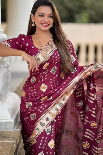 Maroon elegant art silk woven saree with rich zari border