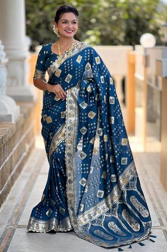 Turquoise elegant art silk woven saree with rich zari border