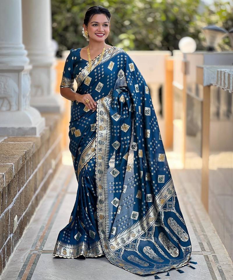 Turquoise elegant art silk woven saree with rich zari border