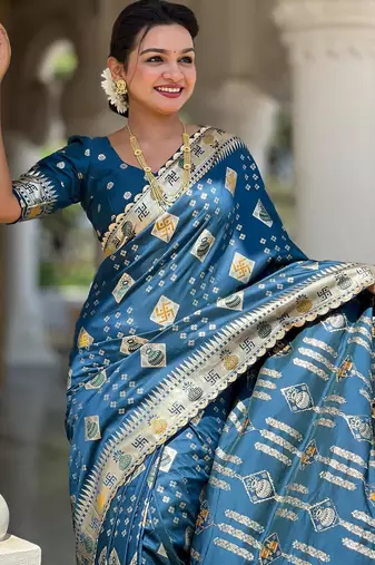 Turquoise elegant art silk woven saree with rich zari border