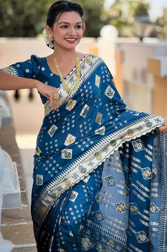 Turquoise elegant art silk woven saree with rich zari border