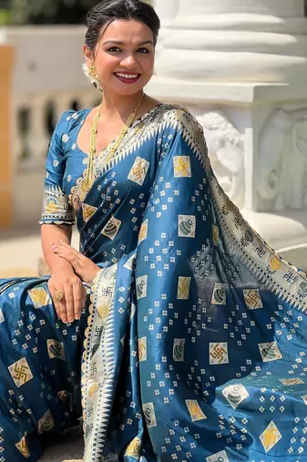 Turquoise elegant art silk woven saree with rich zari border