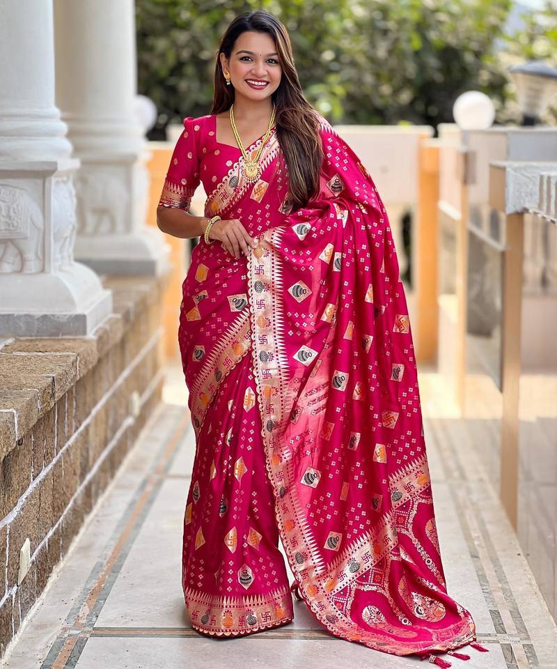 Pink elegant art silk woven saree with rich zari border