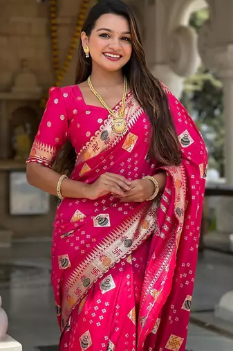 Pink elegant art silk woven saree with rich zari border