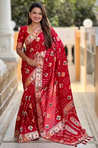 Red elegant art silk woven saree with rich zari border