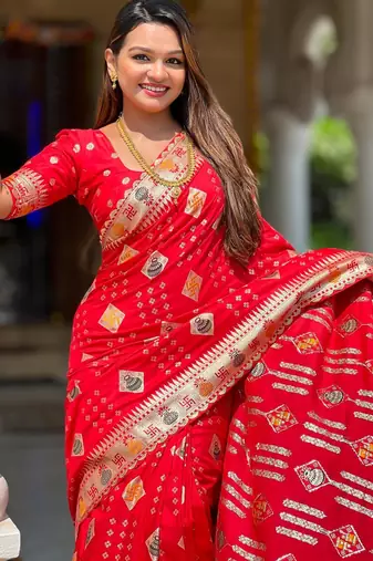 Red elegant art silk woven saree with rich zari border