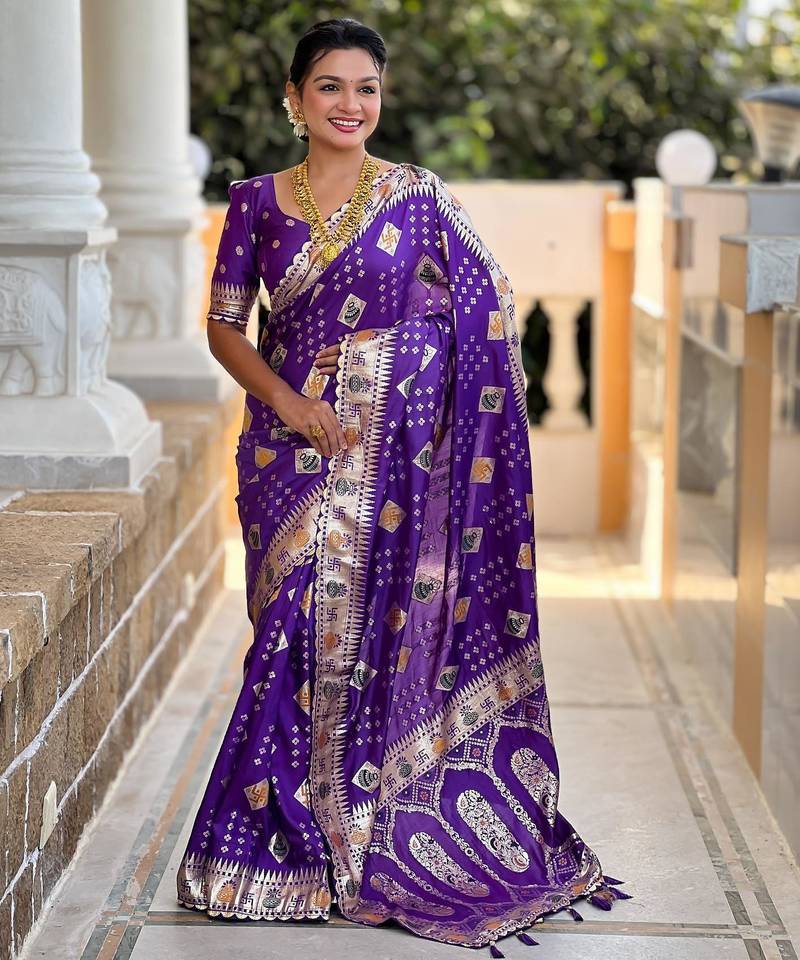 Violet elegant art silk woven saree with rich zari border