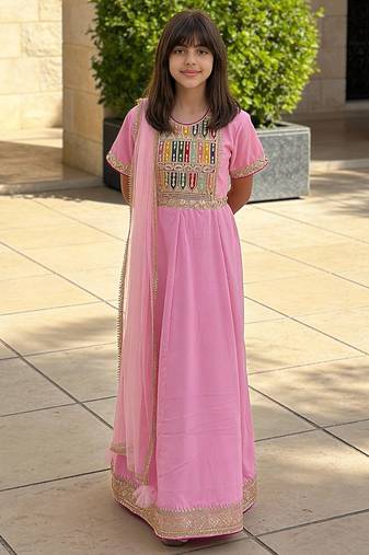 Pink embroidered velvet anarkali set