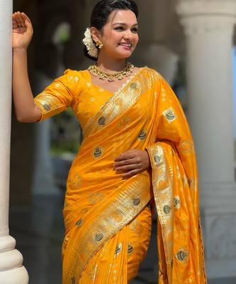 Yellow elegant art silk woven saree with rich zari border 3