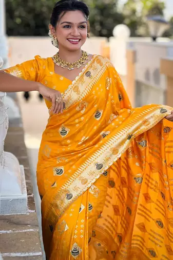 Yellow elegant art silk woven saree with rich zari border