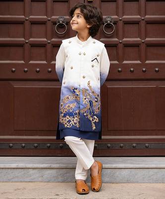 Blue embroidered glace cotton nehru jacket set 1