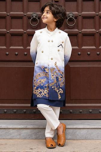 Blue embroidered glace cotton nehru jacket set