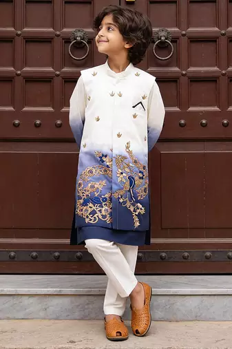 Blue embroidered glace cotton nehru jacket set