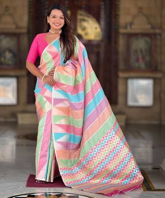 Multicolor elegant art silk woven saree with rich zari border 1
