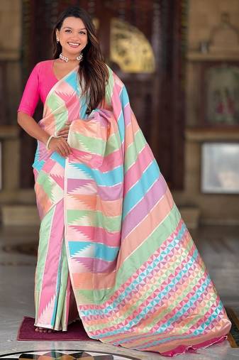 Multicolor elegant art silk woven saree with rich zari border